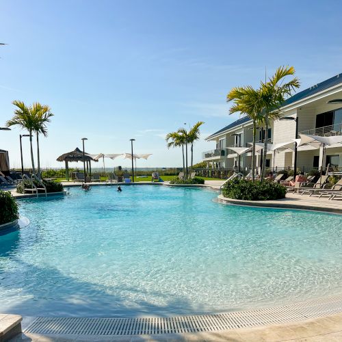 The image shows a serene poolside area with palm trees, lounge chairs, and a clear blue sky. Nearby buildings and sunshades add to the relaxing atmosphere.