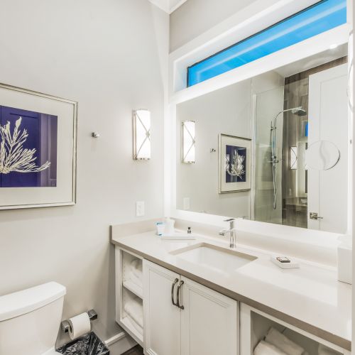 A white bathroom with a sink, toiletries, a toilet, modern lighting, cabinetry, a large mirror, a window, and a coral-themed artwork on the wall.