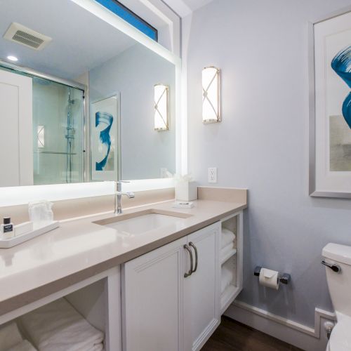 This image shows a modern bathroom with a large mirror, a sink on a countertop, a toilet, and a framed abstract artwork on the wall.