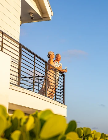 An elderly couple stands on a balcony enjoying the scenic view and clear blue sky, surrounded by green plants.